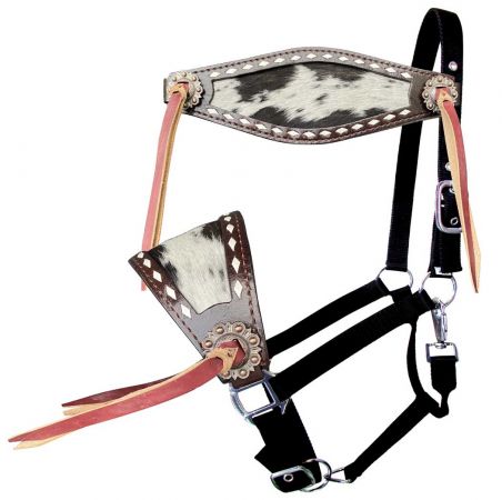 Showman Adjustable nylon bronc halter with hair on cowhide noseband with leather tassels