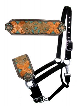 Showman Floral tooled Nylon bronc halter with teal inlay