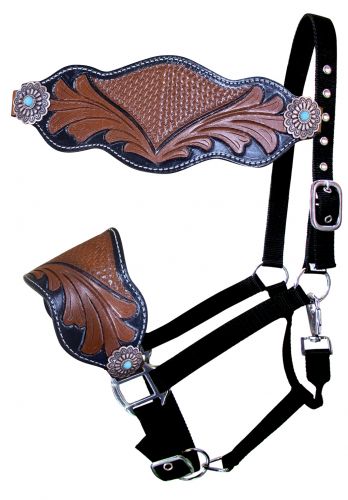 Showman  Adjustable nylon bronc halter with two-tone tooled floral noseband