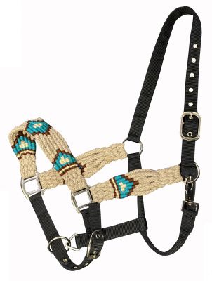 Showman Adjustable nylon bronc halter with wool blend string noseband - teal and white