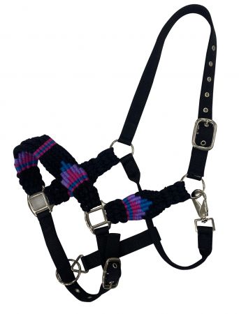 Showman Adjustable nylon bronc halter with wool blend string noseband - black and purple
