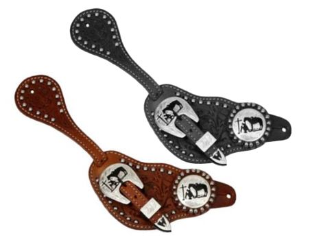 Showman men's size floral tooled leather silver beaded spur straps with silver engraved praying cowboy conchos