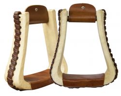 Showman rawhide covered pleasure style western stirrups with leather lacing