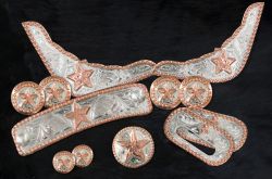 12 piece engraved copper star silver trim kit. Engraved silver plates and conchos accented with a copper trim and star