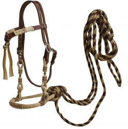 Showman leather futurity knot headstall with rawhide braided bosal and brown horsehair mecate reins