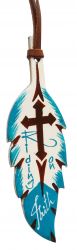 7" Teal and brown hand painted painted leather tie on feather. 5" x 2"