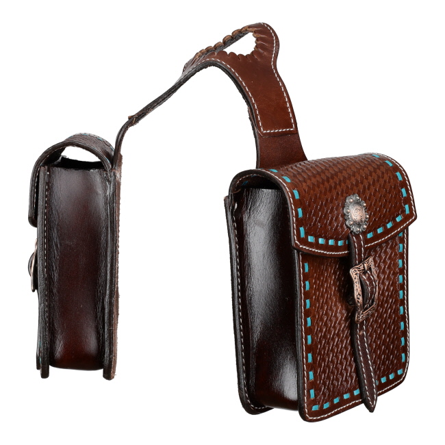 Showman Tooled Leather Horn Bag with Teal Buckstitch