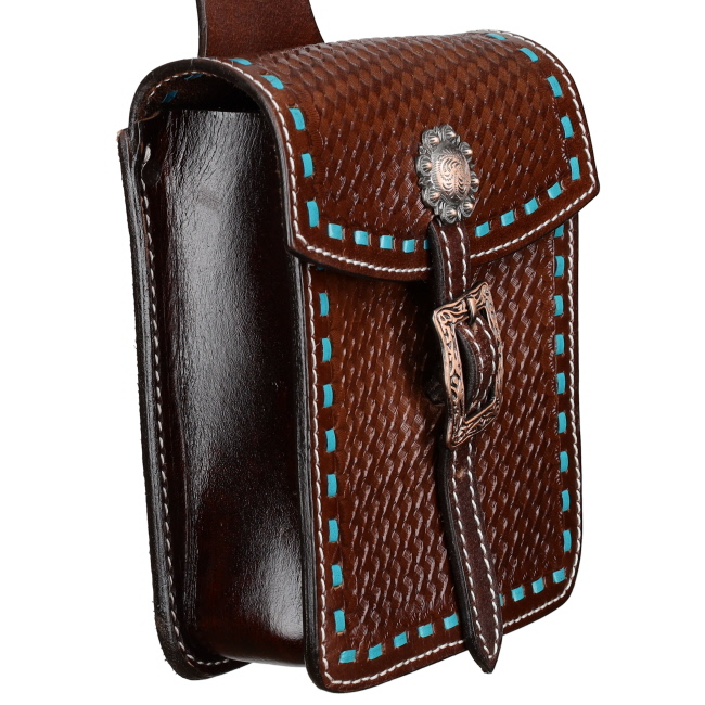 Showman Tooled Leather Horn Bag with Teal Buckstitch #2