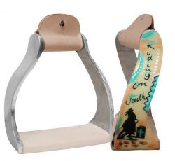 Showman Lightweight twisted angled aluminum stirrups with painted "Riding on Faith" design