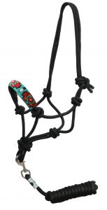 Showman Beaded nose cowboy knot rope halter with 7' lead - teal and red