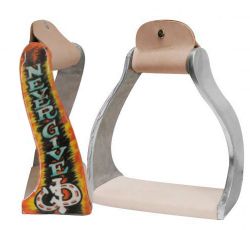 Showman Lightweight twisted angled aluminum stirrups with shimmering "Never Give Up" painted design