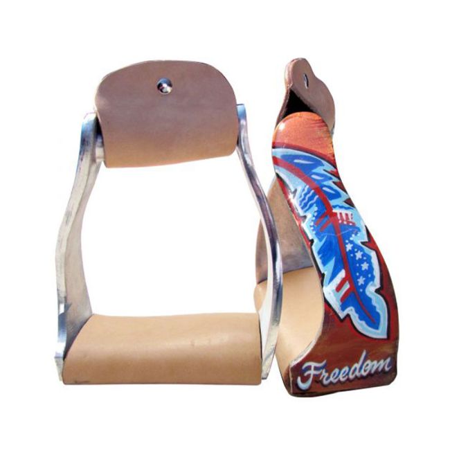 Showman Lightweight twisted angled aluminum stirrups with "Freedom" feather design