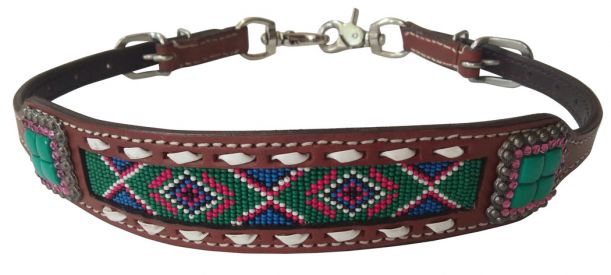 Showman Medium leather wither strap beaded Navaho design inlay with Concho accent
