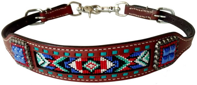 Showman Medium leather wither strap beaded Navaho design inlay with blue Concho accent