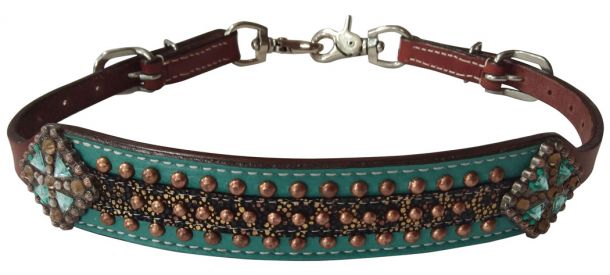 Showman Gold Metallic cheetah print wither strap with teal accent and beading