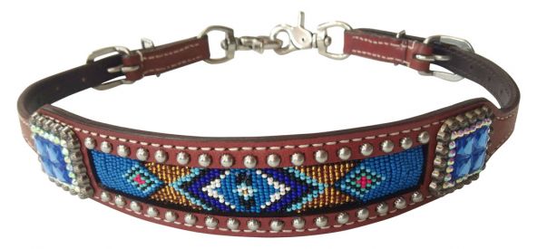 Showman Medium leather wither strap beaded Navaho design inlay with green Concho accent