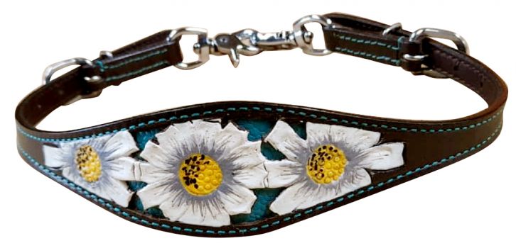 Showman Leather wither strap with white painted poppy flower design on teal inlay