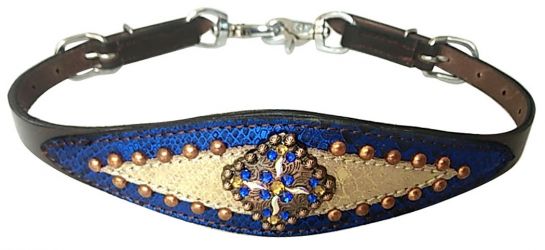 Showman Gold Metallic & royal blue wither strap with concho and copper beading