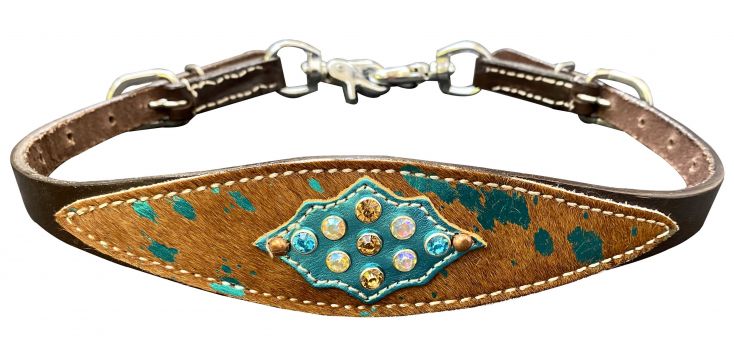 Showman Leather wither strap with teal acid wash hair on brown cowhide