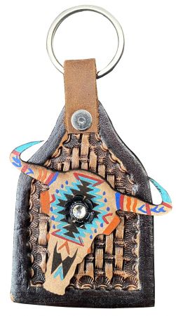 Showman Cow tag shaped Aztec cow skull keychain