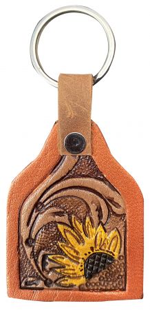 Showman Cow tag shaped painted Sunflower on tooled leather keychain