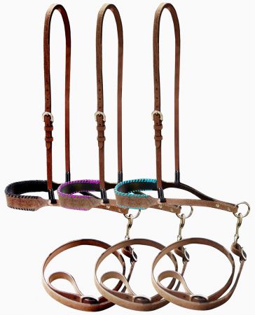 Showman Leather noseband and tiedown with colorful rawhide lacing on nose