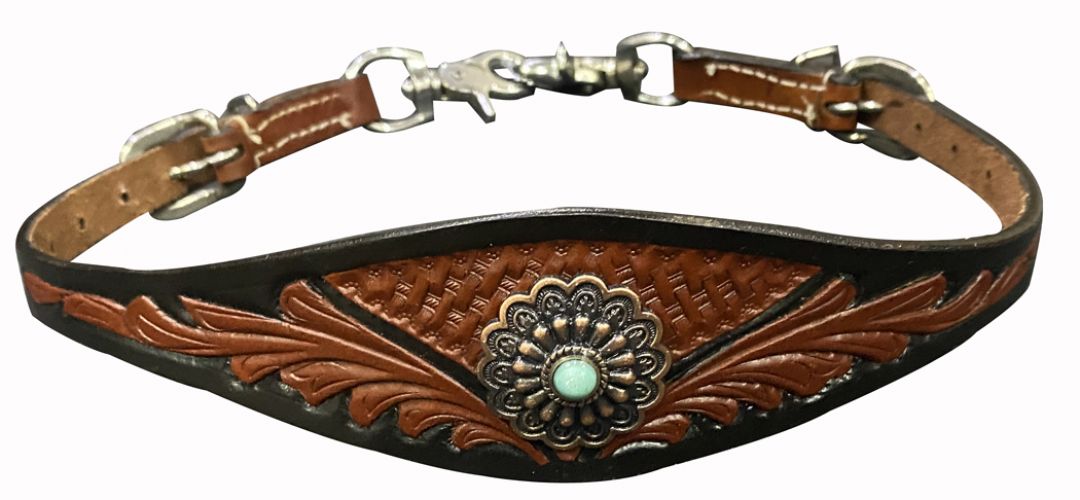 Showman Leather tooled wither strap with antique gold concho