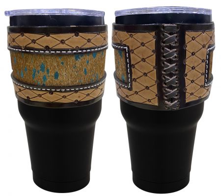 30 oz Insulated Black Tumbler with Removable Argentina Cow Leather Cowhide Inlay Sleeve