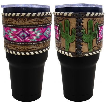 30 oz Insulated Black Tumbler with Removable Argentina Cow Leather Beaded Sleeve - cactus