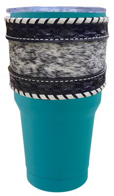 30 oz Insulated Teal Tumbler with Removable Argentina Cow Leather black and white cowhide inlay