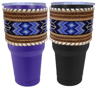 30 oz Insulated Purple / Black Tumbler with Removable beaded Leather Aztec Print Sleeve
