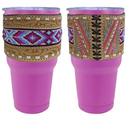 30 oz Insulated Pink Tumbler with Removable Argentina Cow Leather Beaded Inlay Sleeve
