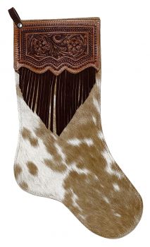 Showman Hair on Cowhide Tooled top Christmas Stocking with fringe