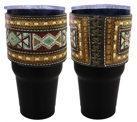 30 oz Insulated Black Tumbler with Removable Argentina Cow Leather Beaded Sleeve - burgundy and gold