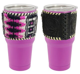 30 oz Insulated Pink Tumbler with Removable Argentina Cow Leather Wool Saddle Blanket Sleeve
