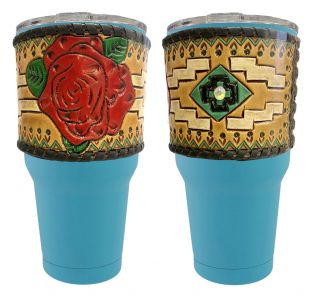 30 oz Insulated Teal Tumbler with Removable Argentina Cow Leather Rose tooled sleeve