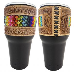 30 oz Insulated Black Tumbler with Removable Argentina Cow Leather Beaded Sleeve - rainbow