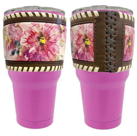 30 oz Insulated Pink Tumbler with Removable Argentina Cow Leather Floral Sleeve