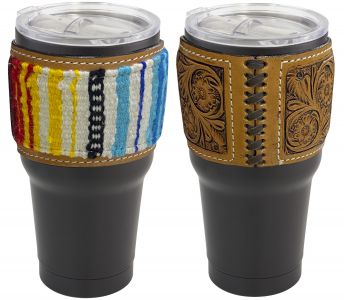 30 oz Insulated Black Tumbler with Removable Argentina Cow Leather Wool Saddle Blanket Sleeve