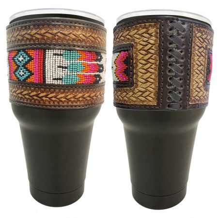 30 oz Insulated Black Tumbler with Removable Argentina Cow Leather Beaded Sleeve