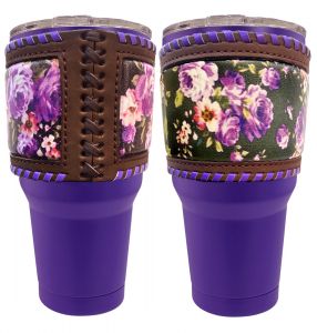 30 oz Insulated Purple Tumbler with Removable Argentina Cow Leather Floral Sleeve