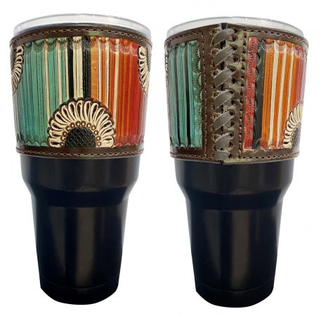30 oz Insulated Black Tumbler with Removable Argentina Cow Leather Serape Sunflower Sleeve