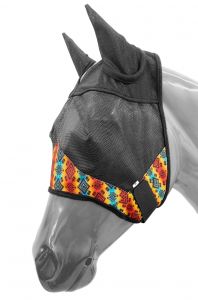 Showman Aztec print accent horse size fly mask with ears - Yellow, blue, and red