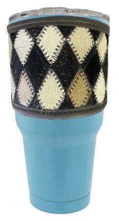 30 oz Insulated Teal Tumbler with Removable Argentina Cow Leather black and white diamond sleeve