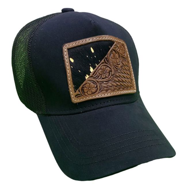 Women's Ponytail Adjustable Baseball Cap - Blk &amp; Gold Hair on Cowhide&#47;Floral Tooled Leather #3