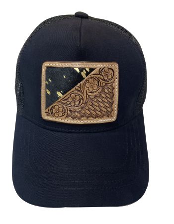 Women's Ponytail Adjustable Baseball Cap - Blk &amp; Gold Hair on Cowhide&#47;Floral Tooled Leather