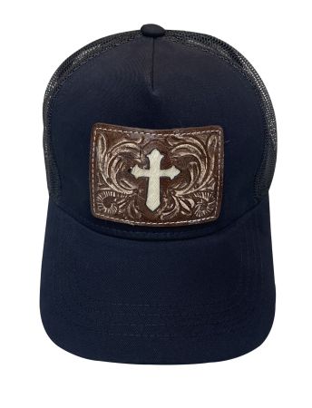 Women's Ponytail Adjustable Baseball Cap - Cross Hair on Cowhide Inlay&#47;Tooled Leather