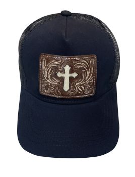 Women's Ponytail Adjustable Baseball Cap - Cross Hair on Cowhide Inlay/Tooled Leather