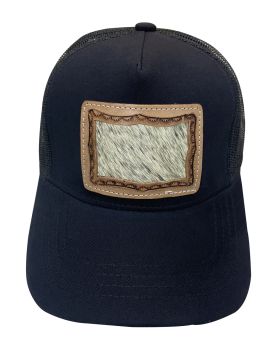 Women's Ponytail Adjustable Baseball Cap - Hair on Cowhide Inlay/Stamped Border