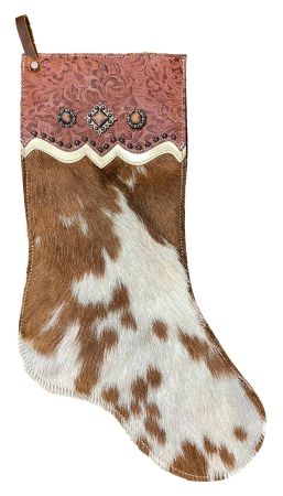 Showman Brown and White Cowhide Christmas Stocking - Tooled Cuff
